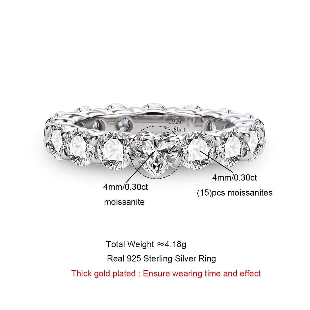 4Mm D Color Heart Moissanite Diamond Wedding Band Ring 18K Gold Plated 925 Sterling Silver Eternity Rings Wholesale