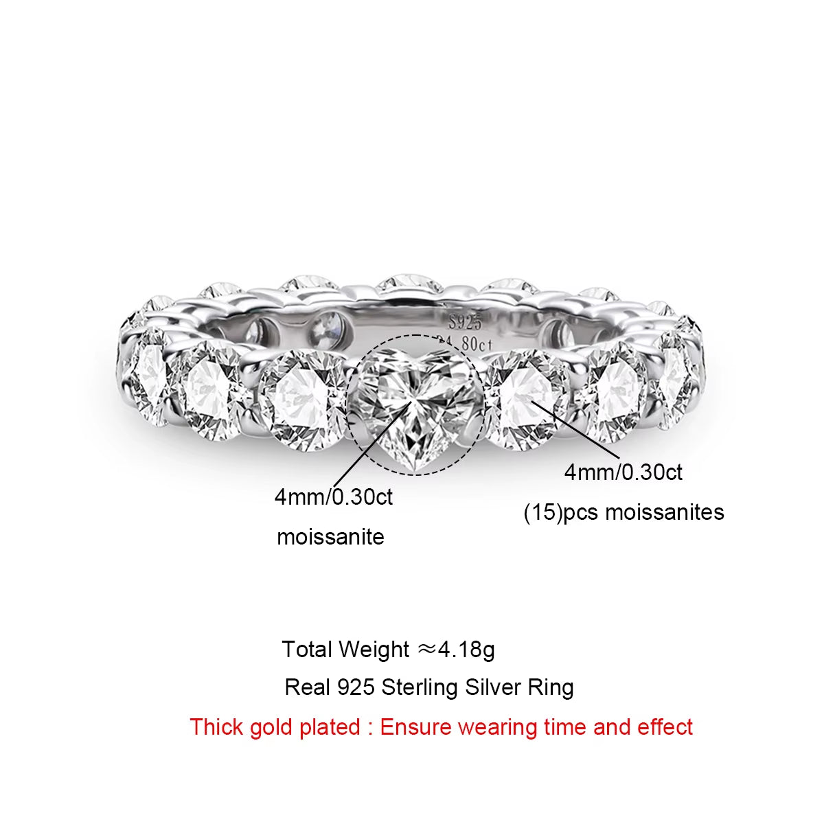 4Mm D Color Heart Moissanite Diamond Wedding Band Ring 18K Gold Plated 925 Sterling Silver Eternity Rings Wholesale